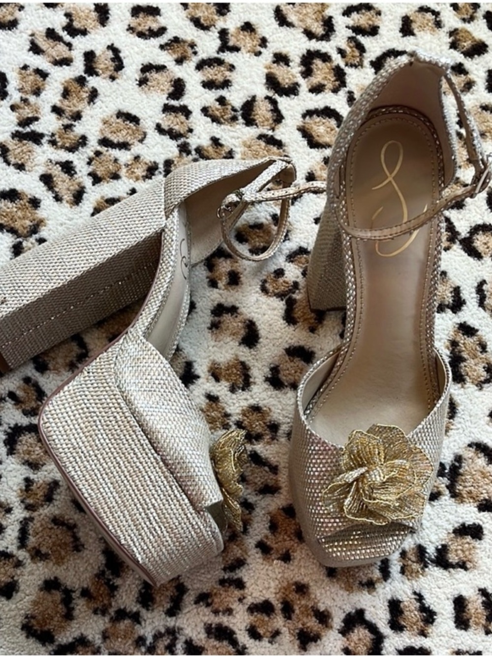 Sam Edelman Gold Beaded Platform Sandals with Floral Accent - Picture 2 of 2